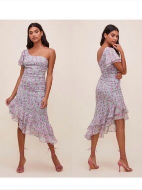 ASTR The Label Lisa Floral One Shoulder Asymmetrical Midi Dress